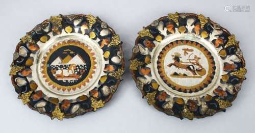 A PAIR OF EARLY 20TH CENTURY EGYPTIAN MIXED METAL DISHES, the pair depicting two scenes of sphinx