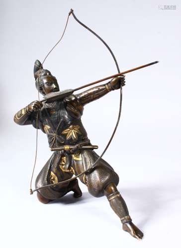 A JAPANESE MEIJI PERIOD BRONZE OKIMONO OF A SAMURAI ARCHER, in a leant back position on his knee,