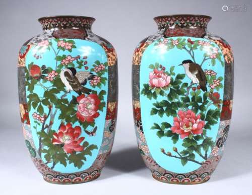 A PAIR OF LARGE JAPANESE MEIJI PERIOD CLOISONNE VASES, the vases with two main panels with birds and