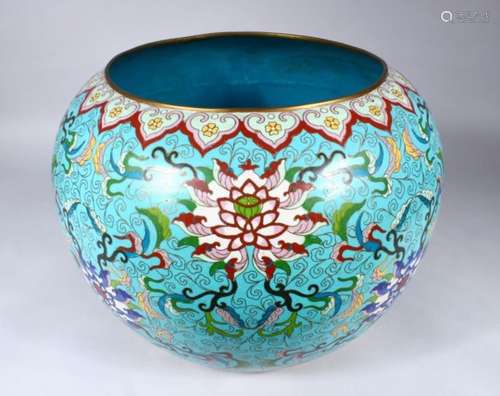 A LARGE 19TH CENTURY CHINESE CLOISONNE GOLD FISH BOWL, the interior decorated with a central panel