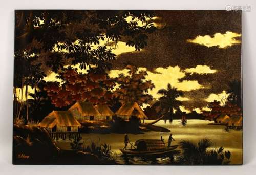 A JAPANESE TAISHO / SHOWA PERIOD WOOD & LACQUER PANEL, the gold lacquer panel depicting scenes of