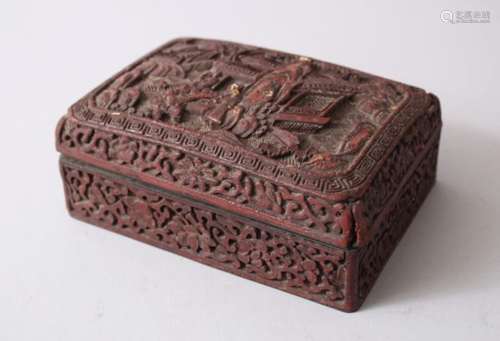 AN EARLY 20TH CENTURY CHINESE CINNABAR LACQUER LIDDED BOX, with carved decoration of figures amongst