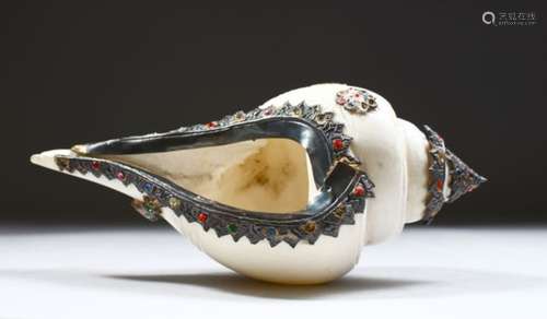 A 19TH CENTURY SOUTH EAST ASIAN SILVER AND GEM SET MOUNTED CONCH SHELL, 16cm long.