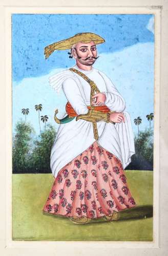 A 19TH CENTURY COMPANY SCHOOL WATERCOLOUR PAINTING DEPICTING A GENTLEMAN IN A GARDEN SETTING,