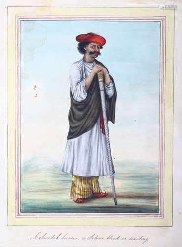 A 19TH CENTURY INDIAN COMAPNY SCHOOL WATERCOLOUR PAINTING, depicting a gentleman leaning on a stick,