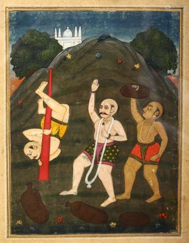 AN 18TH/19TH CENTURY INDIAN PAINTING DEPICTING THREE WRESTLERS, performing various training