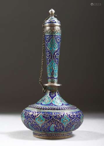 A 19TH CENTURY INDIAN CASHMIRI ENAMELLED SILVER ROSEWATER SPRINKLER, of bottle form, 15cm high.