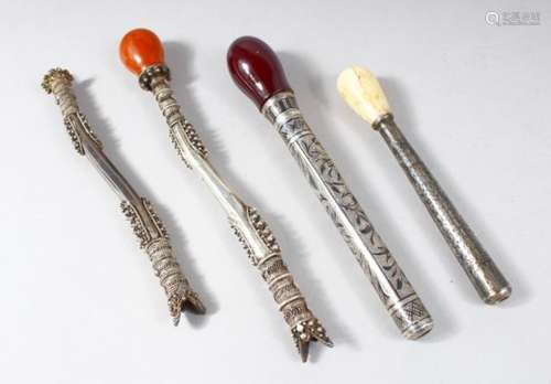 A COLLECTION OF FOUR 19TH CENTURY OTTOMAN TURKISH SILVER HUQQA PIECES, some mounted with walrus