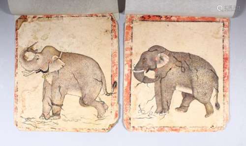 A PAIR OF 18TH CENTURY MINIATURE PAINTINGS OF ELEPHANTS AND SNAKES, unframed, 15cm x 13.5cm each.