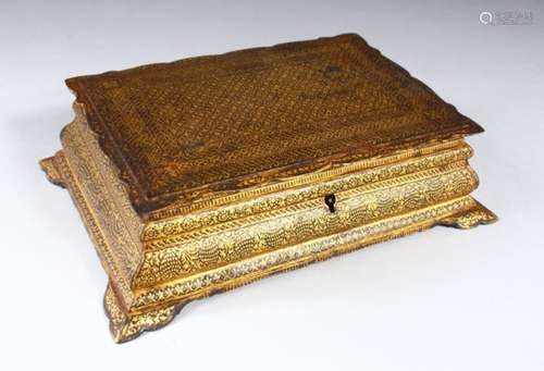 A KOFTAGARI GILT DECORATED STEEL BOX, with hinged lid on bracket feet, 21cm wide.