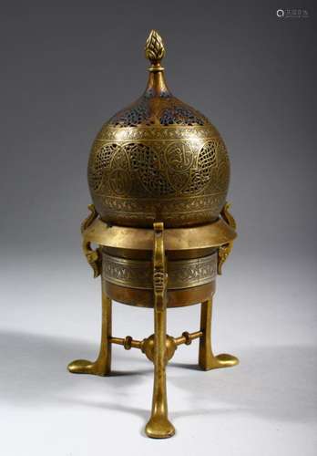 A SYRIAN BRONZE INCENSE BURNER ON STAND, with pierced and engraved decoration, the stand with