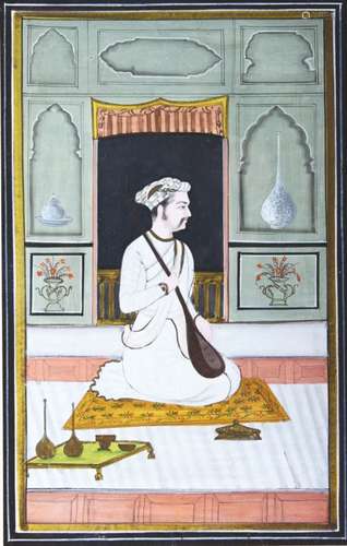 AN INDIAN WATERCOLOUR PAINTING, depicting a seated man with a musical instrument in an interior,