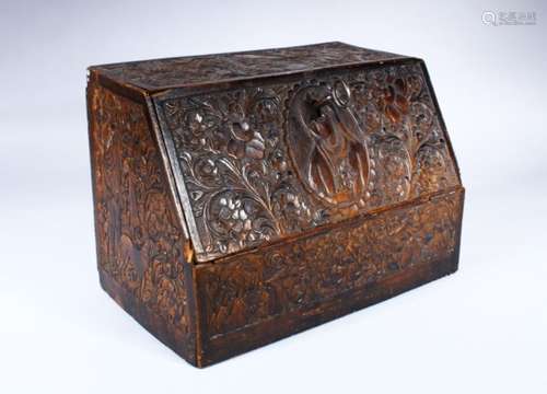 A GOOD LATE 19TH/EARLY 20TH CENTURY INDIAN STATIONARY BOX, well carved with hunting scenes, portrait