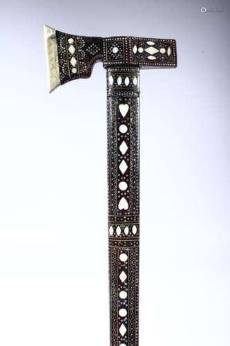 A MOTHER OF PEARL AND SILVER WIRE INLAID CEREMONIAL AXE, 92cm long.