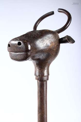 A QAJAR STEEL MACE MODELLED AS AN OX HEAD, 72cm long.