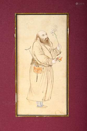 A GOOD SAFAVID MINIATURE PAINTING OF A MAN HOLDING FLOWERS, image 12cm x 6cm.