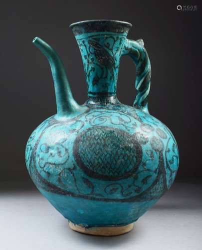 A SUPERB 13TH CENTURY RAQQA SYRIA POTTERY EWER, of bulbous form, rope twist handle, tapering