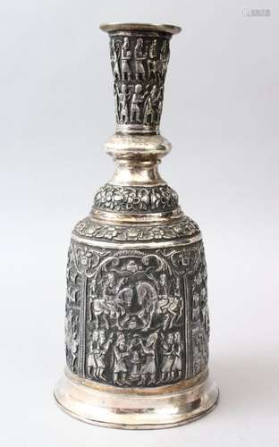 A FINE 19TH CENTURY PERSIAN QAJAR SILVER HUQQA BASE, embossed with figures and figures on horseback,