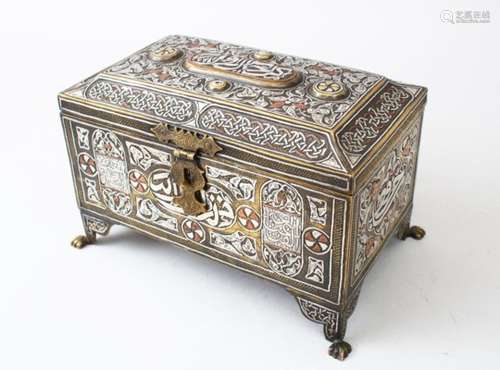 A LATE 19TH CENTURY ISLAMIC DAMASCUS MAMLUK REVIVAL BRASS KORAN CASKET, inlaid with gold, silver and