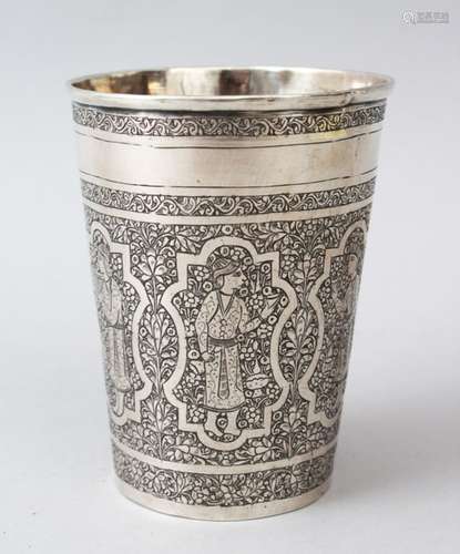 A VERY FINE c.19TH CENTURY PERSIAN QAJAR SILVER BEAKER, with figure and foliate decoration, the base