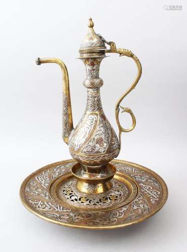 A GOOD 19TH/20TH CENTURY ISLAMIC DAMASCUS MAMLUK REVIVAL BRASS EWER AND BASIN, inlaid all over