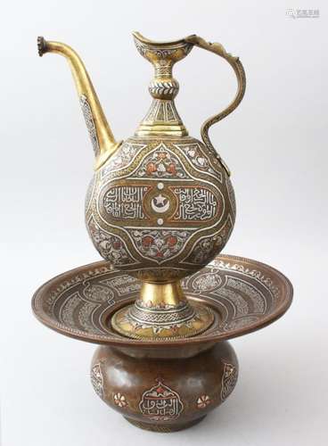 A VERY FINE 19TH CENTURY ISLAMIC DAMASCUS MAMLUK REVIVAL BRASS EWER AND BASIN, inlaid with silver