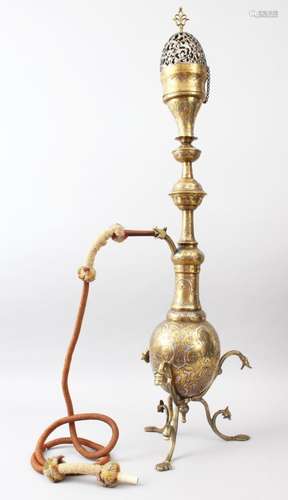 AN EXTREMELY RARE AND COMPLETE 19TH CENTURY ISLAMIC DAMASCUS MAMLUK REVIVAL BRASS HUQQA, with finely