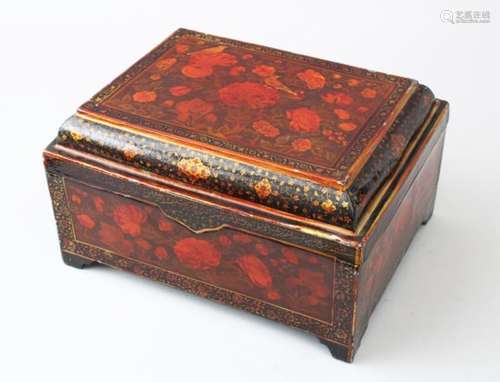 A FINE 19TH CENTURY PERSIAN QAJAR ISLAMIC LACQUERED PAPIER MACHE QURAN BOX, painted with panels of