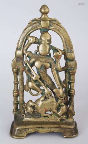 A BRASS SHRINE DEPICTING DURGA SLAYING THE BUFFALO DEMON (MAHISASURAMARDINI), WESTERN INDIA, CIRCA