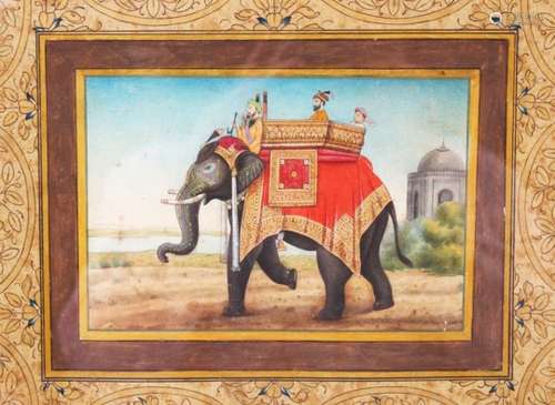 AN INDIAN MINIATURE PAINTING, depicting an elephant with handler and figures in a howda, image