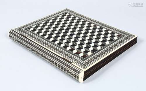 AN EASTERN IVORY PARQUETRY HINGED SANDALWOOD BLOTTER, 25.5cm x 21.5cm.