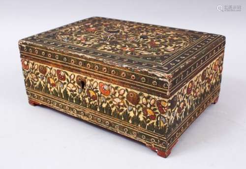 AN EARLY 19TH CENTURY KASHMIRI LACQUER BOX, painted with peacocks and flowers, with a fitted