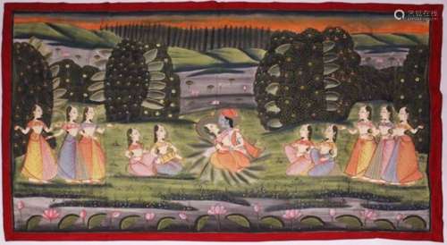 A VERY GOOD LARGE 19TH CENTURY INDIAN COTTON / TEXTILE PICHWAI PAINTING, the textile depicting