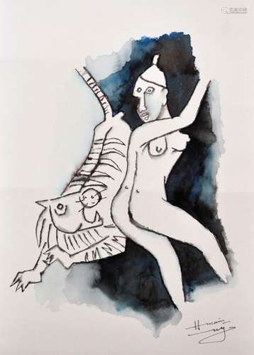 Maqbool Fida Husain (1915-2011) Indian. Untitled, A Naked Lady with a Tiger, Watercolour, Signed and