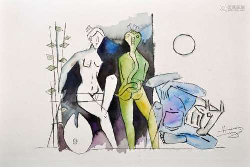 Maqbool Fida Husain (1915-2011) Indian. Untitled, Figures in a Surrealist Composition,