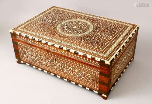 A FINE QUALITY 19TH CENTURY INDIAN VIZAGAPATAM STORAGE BOX, the box profusely inlaid with bone or