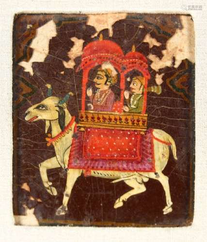 A 19TH CENTURY INDIAN MUGHAL MINIATURE FRAMED ART PAINTING, depicting two figures riding upon