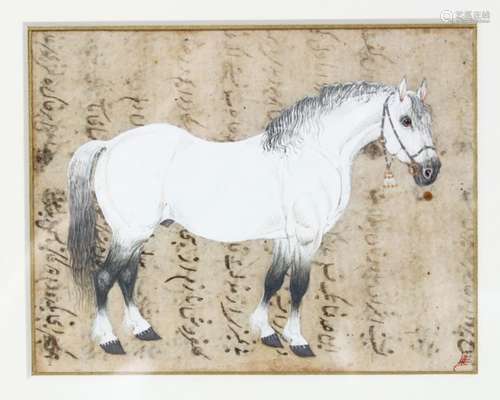 A 19TH CENTURY INDIAN MINIATURE MUGHAL PAINTING OF A WHITE STALLION HORSE, the framed painting on