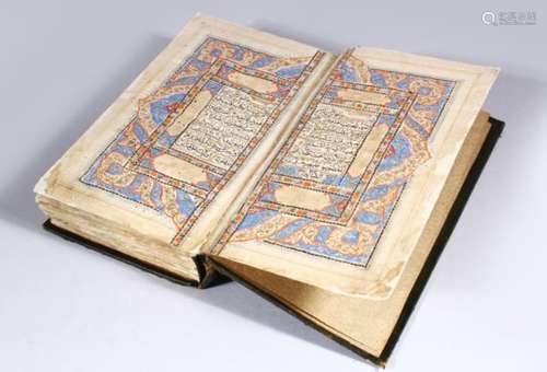 A GOOD 16TH / 17TH CENTURY LEATHER BOUND OTTOMAN / ISLAMIC BOOK OF QURAN, the green leather bound