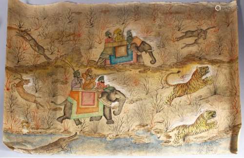 AN 18TH / 19TH CENTURY INDIAN WATERCOLOUR ON PAPER ELEPHANTS & TIGERS, the paper painting