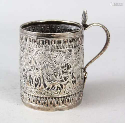 A 19TH CENTURY INDIAN KASHMIR SILVER BEAKER / CUP, with embossed decoration of animals and flora