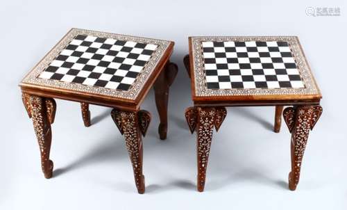 A PAIR OF 19TH CENTURY INDIAN HARDWOOD INLAID CHESS TABLE, with ebony and ivory slither inlays,