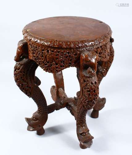 A 19TH CENTURY BURMESE CARVED HARDWOOD STAND, With a flat finished top with carved frieze of