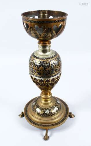 A 19TH CENTURY ISLAMIC / OTTOMAN BRASS INLAID HOOKHA BASE, inlaid with mixed media depicting birds