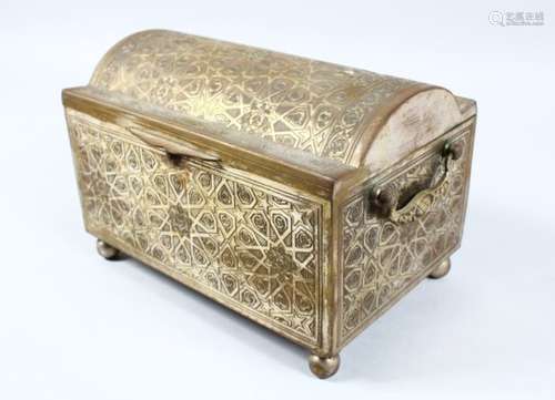 A GOOD 19TH CENTURY ISLAMIC BRASS CASKET, with chased star & geometric design, 20cm high x 27cm wide