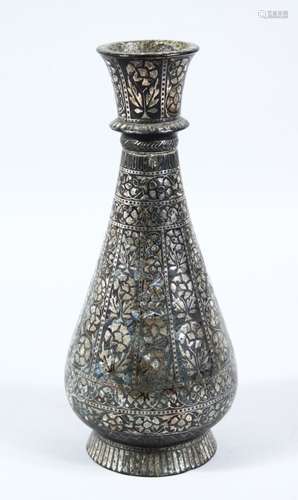 A GOOD 18TH / 19TH CENTURY BIDRI INLAID VASE, inlaid with silver to depict formal foliage, 25.5cm