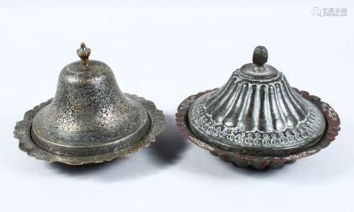 TWO EARLY ISLAMIC CIRCULAR DISH & COVERS, one with chased floral decoration 14.5cm high x 19cm