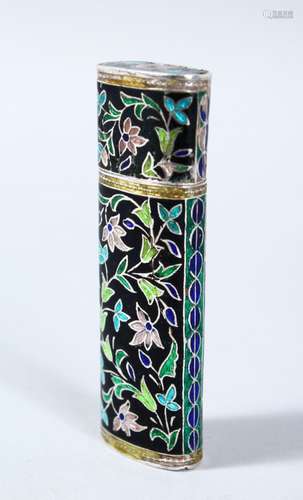 AN INDIAN WHITE METAL & ENAMEL CASE & COVER, decorated with enamel in floral style, 9cm high x 2,8cm