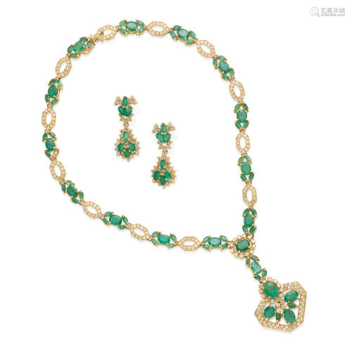 an emerald and diamond necklace and ear pendants