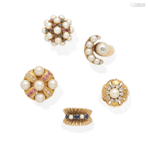 A collection of five cultured pearl, diamond and gemstone rings